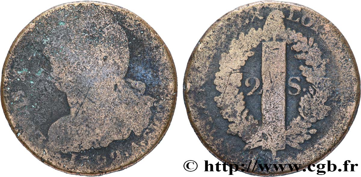 LOUIS XVI (MONARQUE CONSTITUTIONNEL)  2 sols dit &nbsp;au faisceau&nbsp;, type FRANÇOIS 1792 Paris B