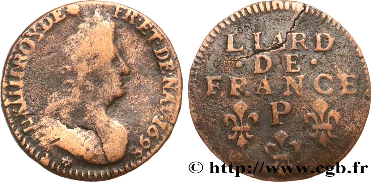 LOUIS XIV  THE SUN KING  Liard, 3e type, buste âgé 1698 Dijon BC/MBC