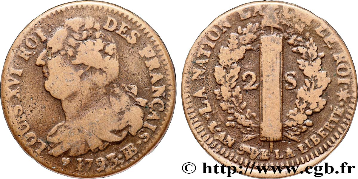 LOUIS XVI (MONARQUE CONSTITUTIONNEL)  2 sols dit  au faisceau , type FRANÇAIS 1793 Strasbourg TB+