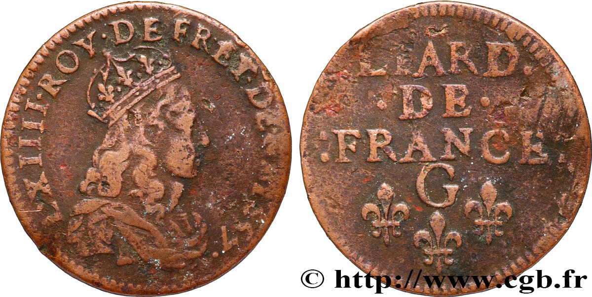 LOUIS XIV  THE SUN KING  Liard de cuivre, 2e type 1657 Lusignan XF