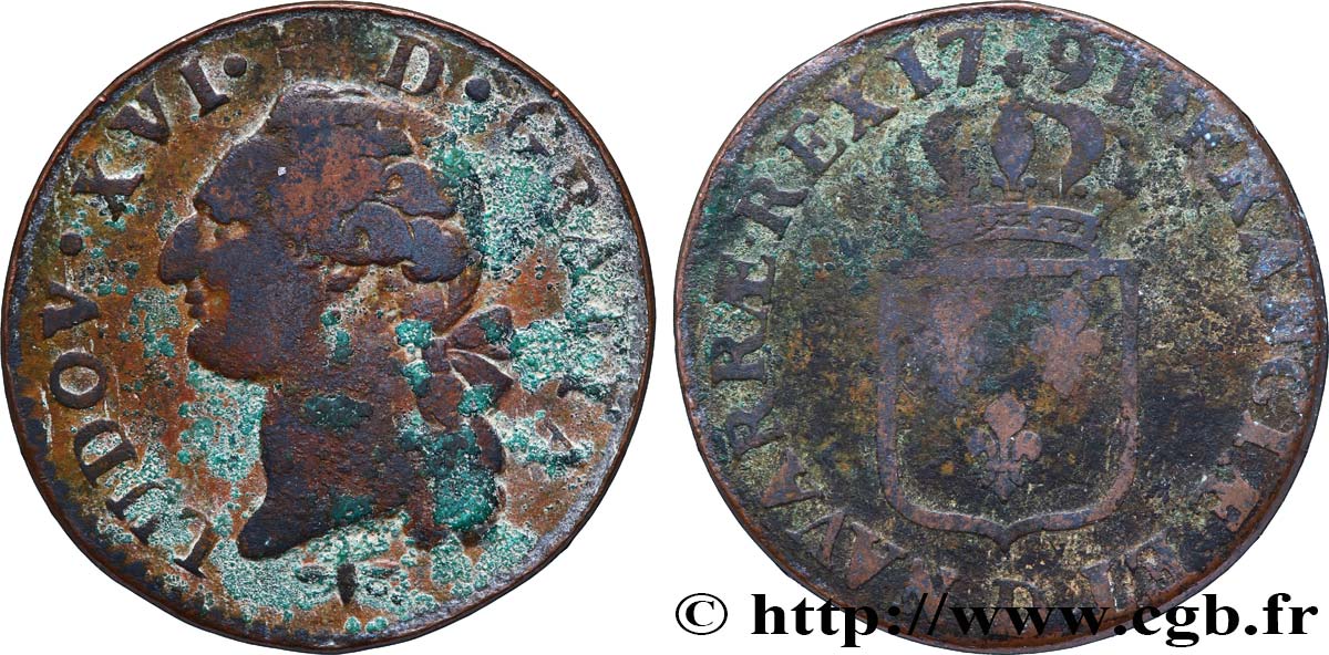 LOUIS XVI (MONARQUE CONSTITUTIONNEL)  Sol dit  à l écu  1791 Lyon B+/B