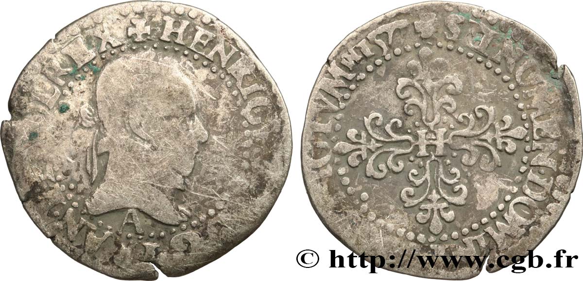 HENRY III Quart de franc au col plat 1577 Paris fS