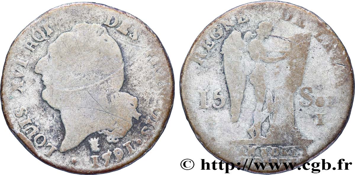 LOUIS XVI (MONARQUE CONSTITUTIONNEL)  15 sols dit  au génie , type FRANCOIS 1791 Limoges B+