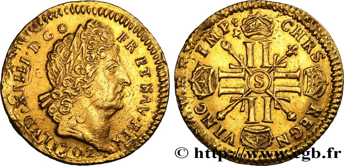 LOUIS XIV  THE SUN KING  Louis d’or aux huit L et aux insignes 1702 Reims AU