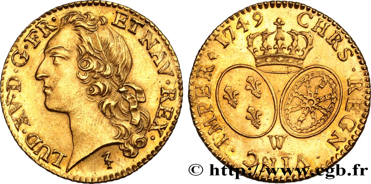 LOUIS XV THE BELOVED Louis d’or aux écus ovales, tête ceinte d’un bandeau 1749 Lille AU/AU