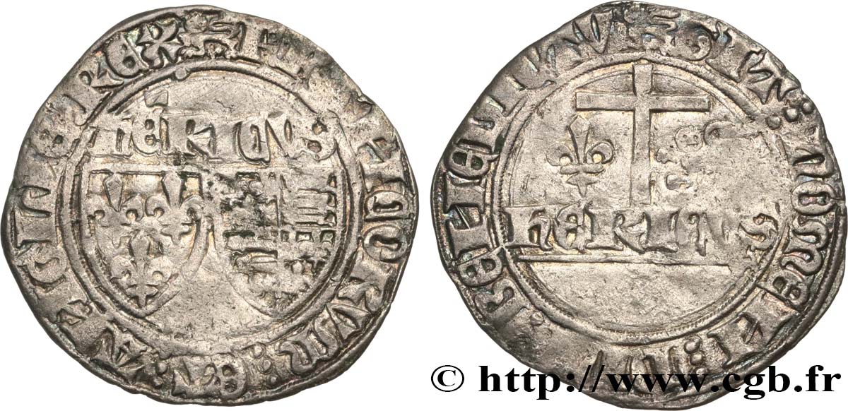 HENRY VI DE LANCASTRE - ROI DE FRANCE (1422-1453) - ROI D ANGLETERRE (1422-1461) et (1470-1471) Blanc aux écus n.d. Rouen TTB