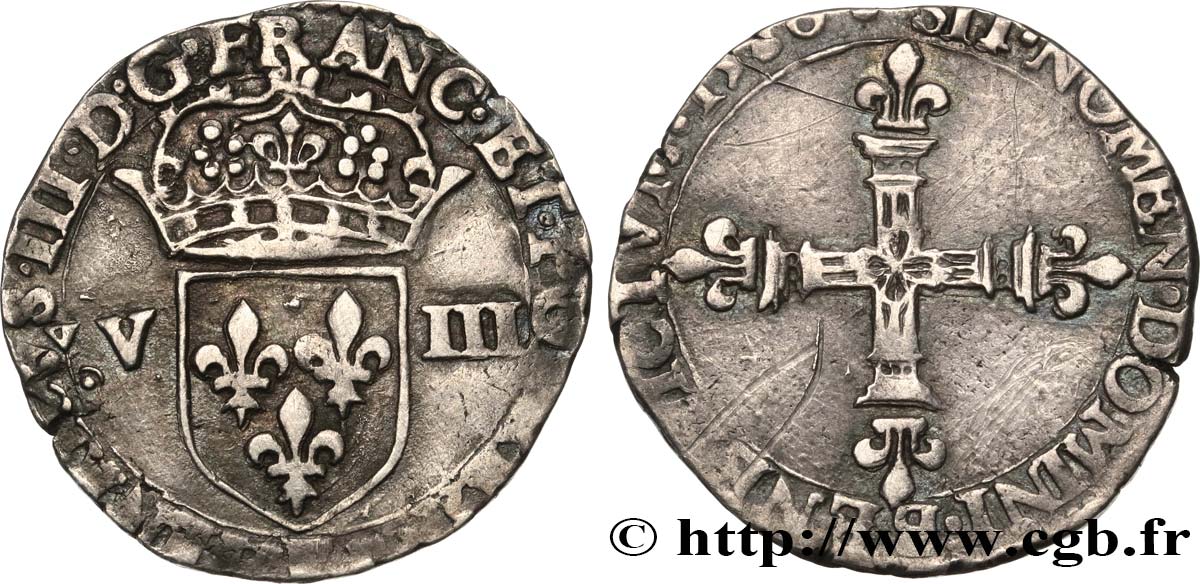 HENRY III Huitième d écu, écu de face 1580 Tours BB