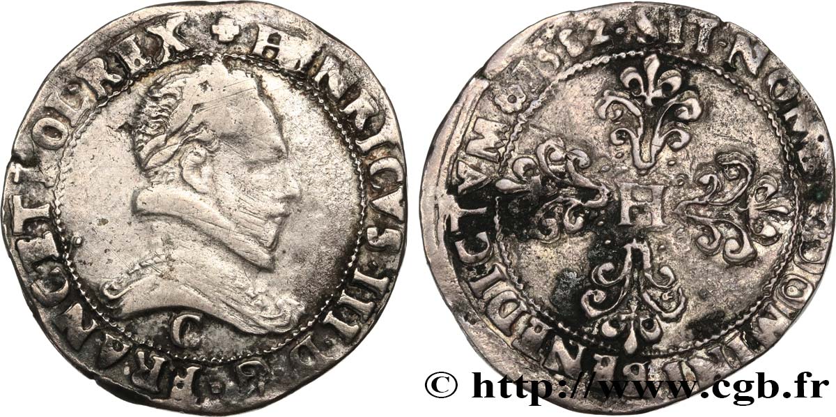HENRI III Franc au col plat 1582 Saint-Lô TB+
