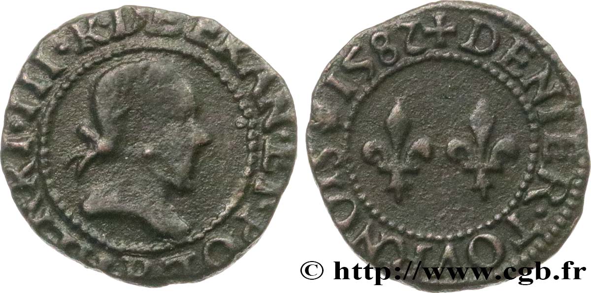 HENRY III Denier tournois, type de Rouen 1582 Rouen VF/XF