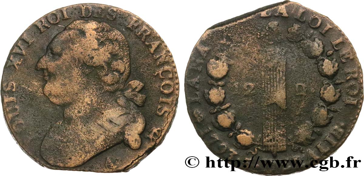 LOUIS XVI (MONARQUE CONSTITUTIONNEL)  12 deniers dit  au faisceau , type FRANÇOIS 1793 Paris B+