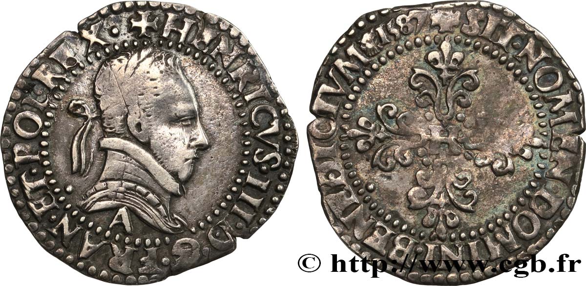 HENRI III Quart de franc au col plat 1587 Paris TTB+/TTB