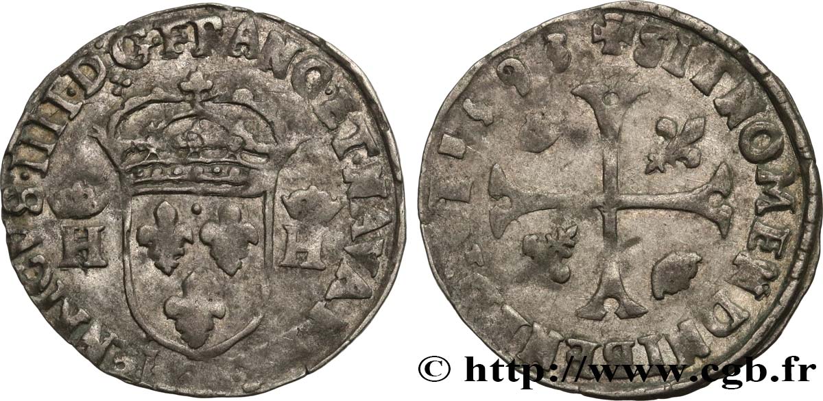 HENRI IV LE GRAND Douzain aux deux H couronnées, 9e type 1593 Clermont-Ferrand TTB
