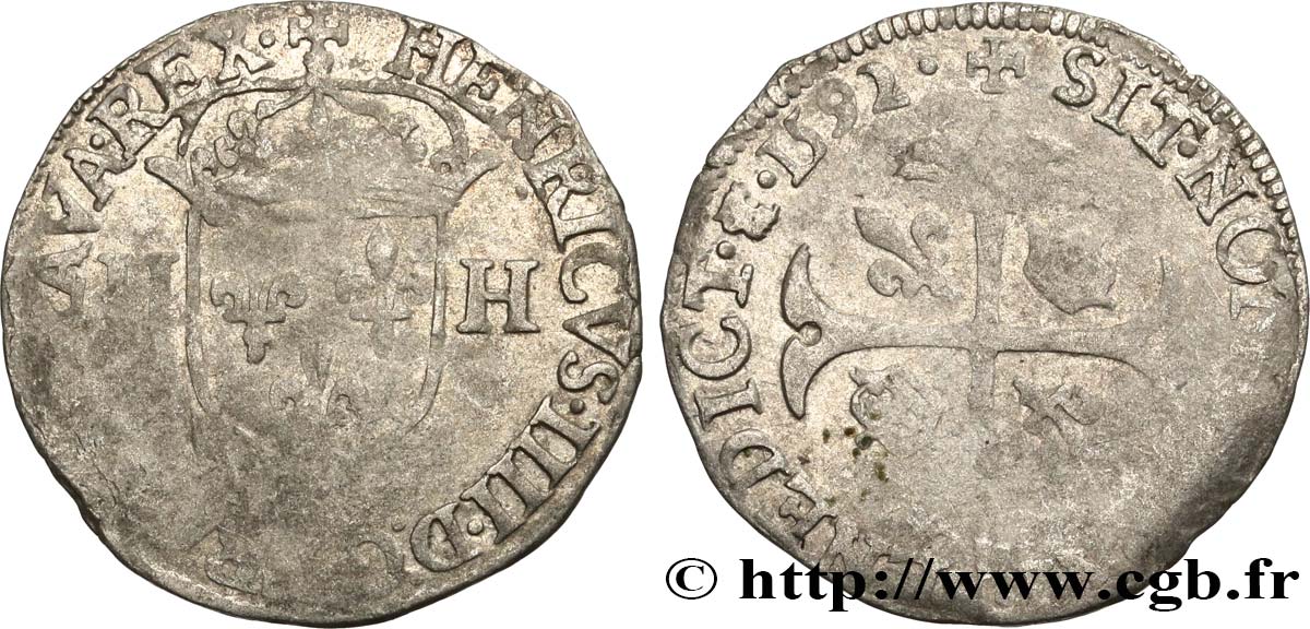 HENRI IV LE GRAND Douzain aux deux H, 2e type 1592 Saint-Lô TB