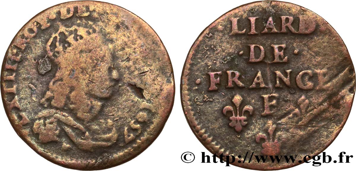 LOUIS XIV LE GRAND OU LE ROI SOLEIL Liard de cuivre, 2e type 1657 Meung-sur-Loire TB/TB+