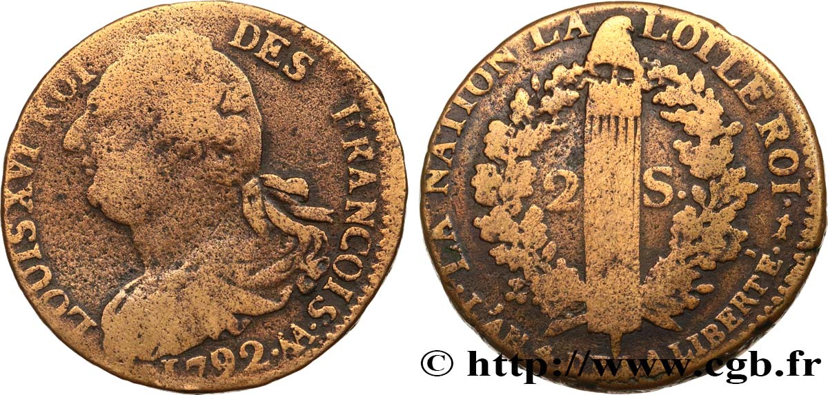 LOUIS XVI 2 sols dit  au faisceau , type FRANÇOIS 1792 Metz MB