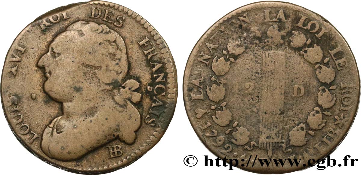 LOUIS XVI (MONARQUE CONSTITUTIONNEL)  12 deniers dit &nbsp;au faisceau&nbsp;, type FRANÇAIS 1792 Strasbourg TB