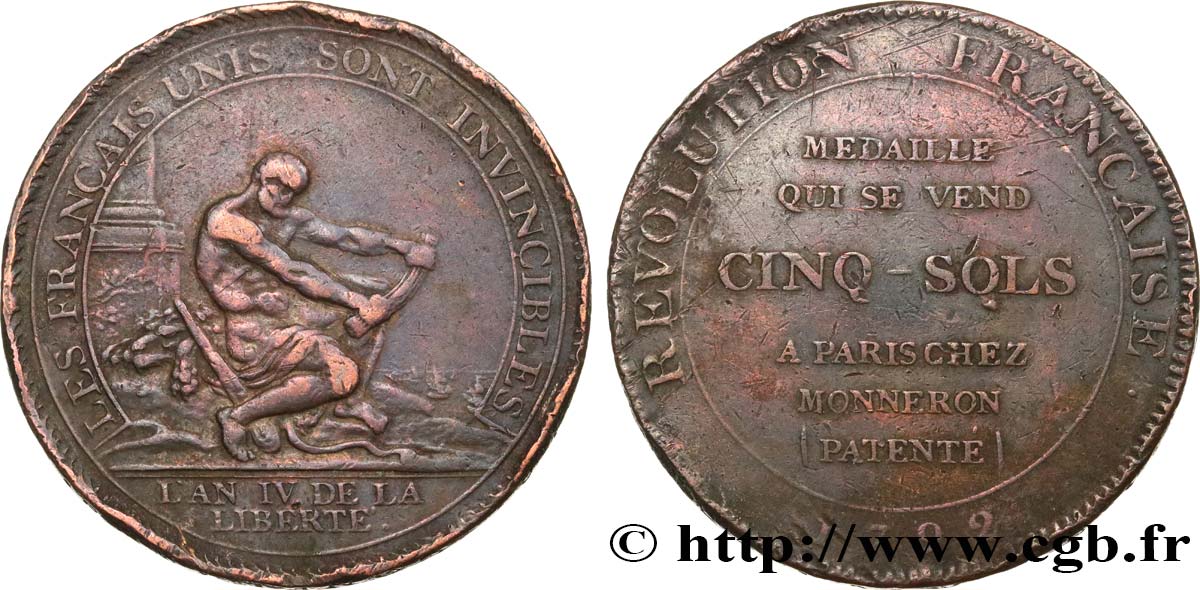 REVOLUTION COINAGE Monneron de 5 sols à l Hercule, frappe monnaie 1792 Birmingham, Soho q.MB