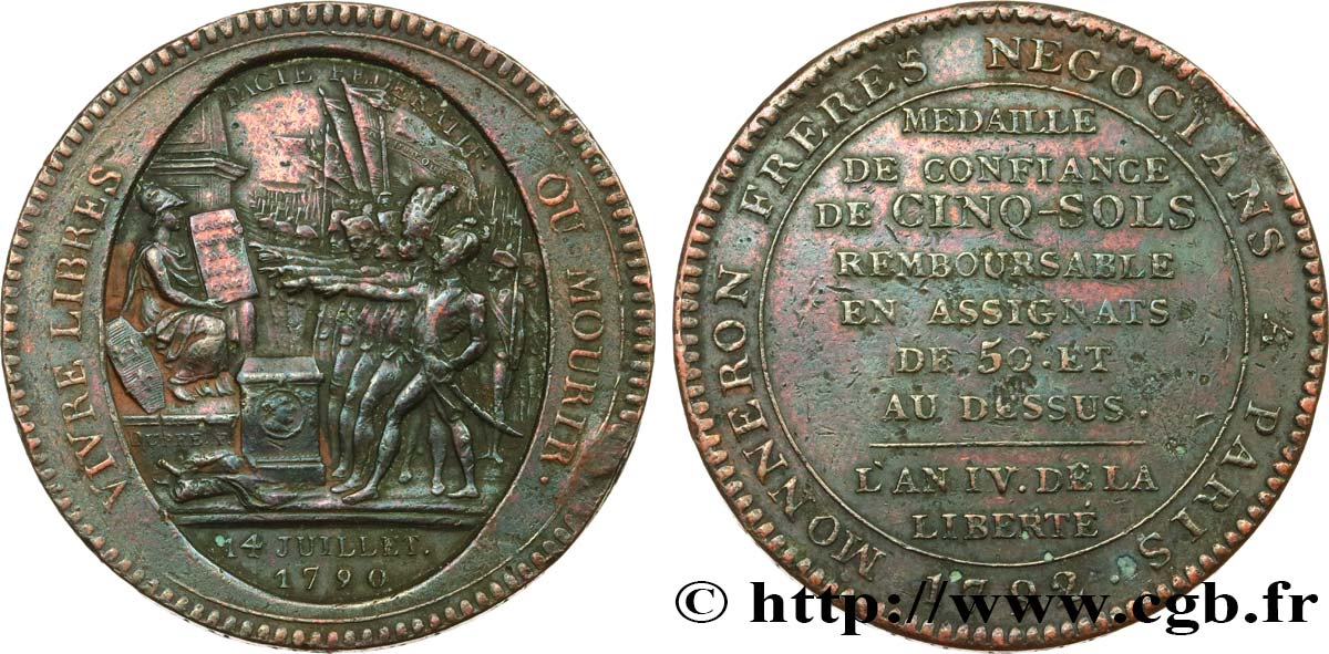 REVOLUTION COINAGE Monneron de 5 sols au serment (An IV), 3e type 1792 Birmingham, Soho AU/XF