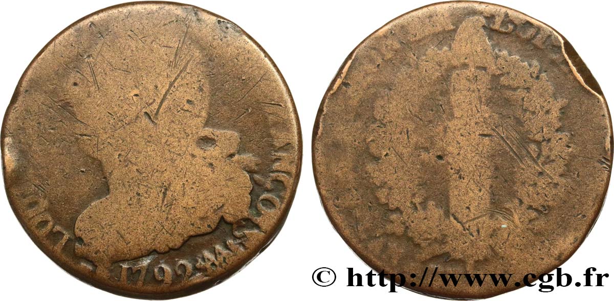 LOUIS XVI 2 sols dit  au faisceau , type FRANÇOIS 1792 Metz G