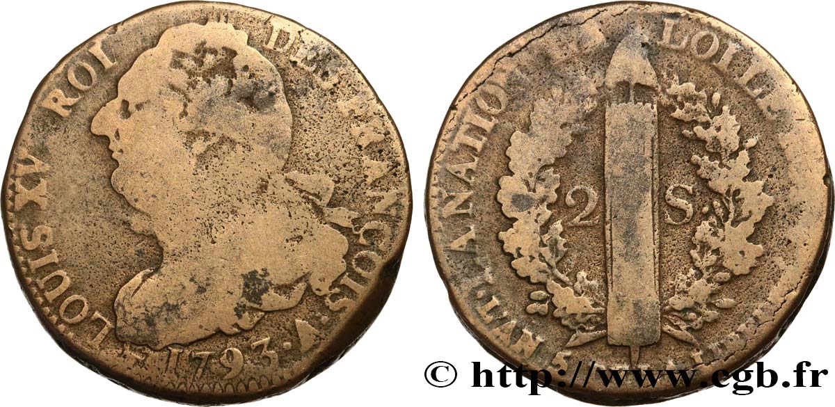 LOUIS XVI (MONARQUE CONSTITUTIONNEL)  2 sols dit &nbsp;au faisceau&nbsp;, type FRANÇOIS 1793 Paris TB