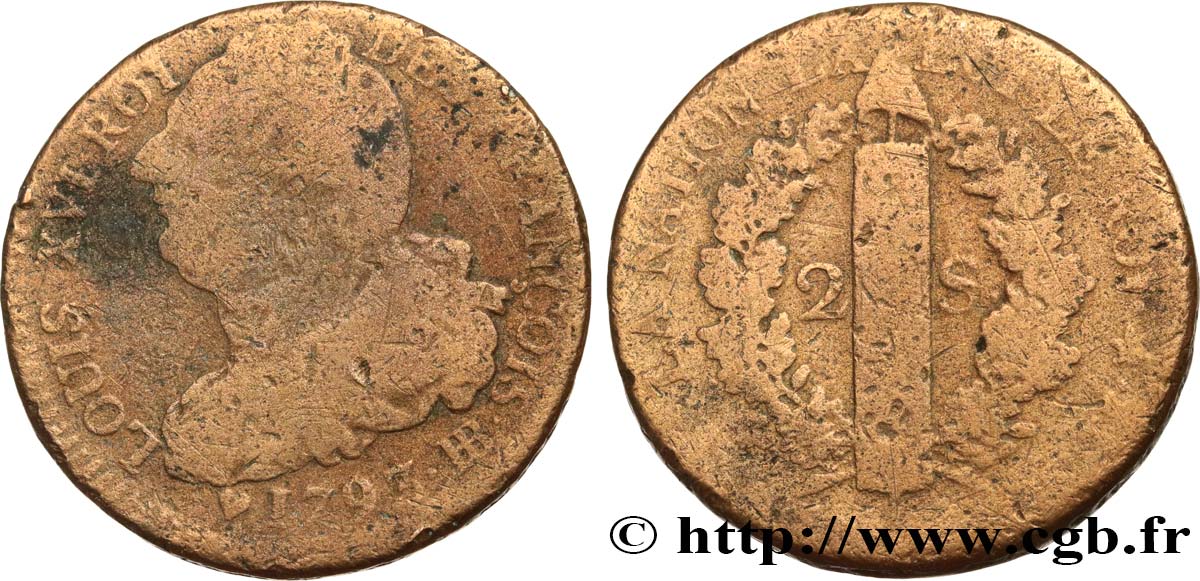 LOUIS XVI (MONARQUE CONSTITUTIONNEL)  2 sols dit  au faisceau , type FRANÇOIS 1793 Besançon B