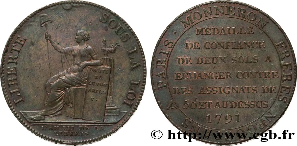 CONFIANCE (MONNAIES DE...) Monneron de 2 sols à la Liberté 1791 Birmingham, Soho TTB