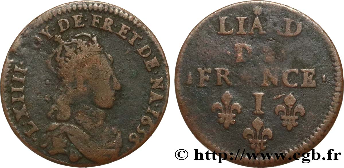 LOUIS XIV  THE SUN KING  Liard de cuivre, 2e type 1656 Limoges S
