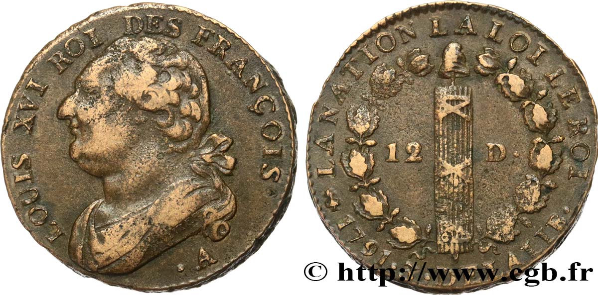 LOUIS XVI (MONARQUE CONSTITUTIONNEL)  12 deniers dit  au faisceau , type FRANÇOIS 1791 Paris TTB