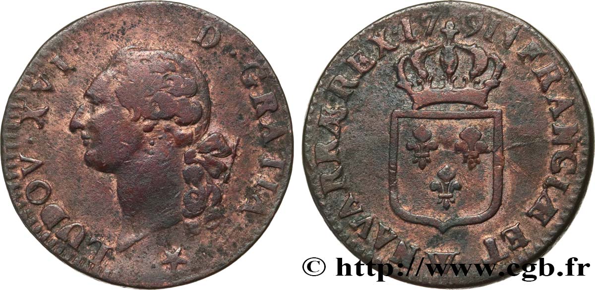 LOUIS XVI Sol dit &nbsp;à l&nbsp;écu&nbsp; 1791 Lille TTB