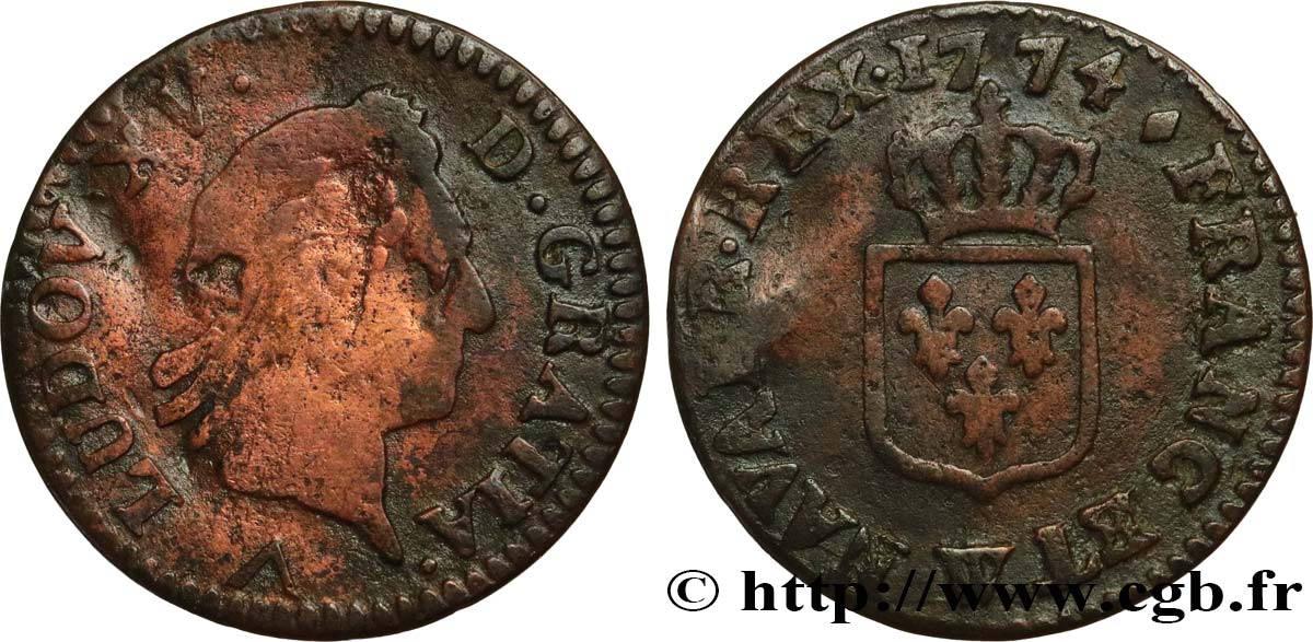 LOUIS XV  THE WELL-BELOVED  Liard dit  à la vieille tête  1774 Lille F/VF
