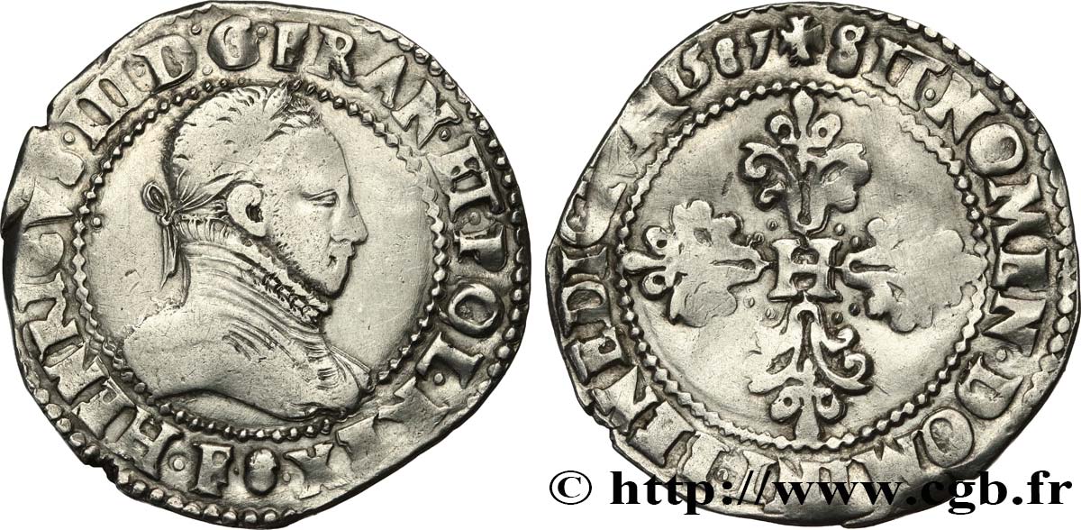 HENRI III Demi-franc au col gaufré 1587 Angers TB+/TTB