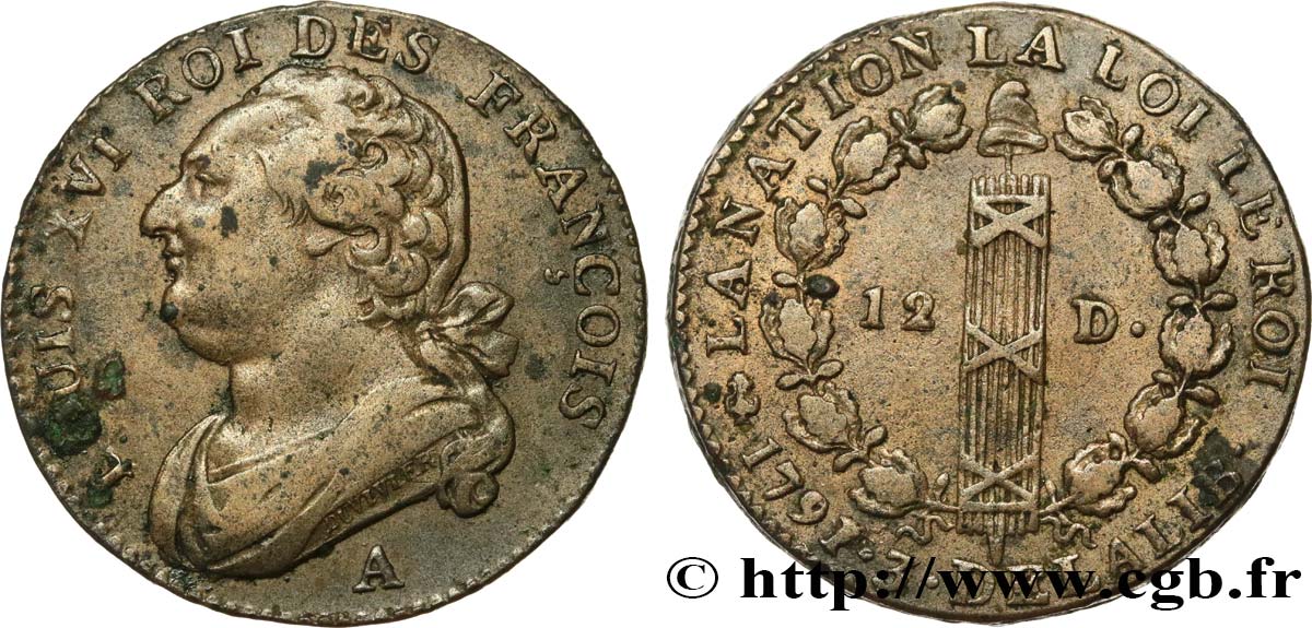LOUIS XVI (MONARQUE CONSTITUTIONNEL)  12 deniers dit  au faisceau , type FRANCOIS 1791 Paris TTB/TTB+