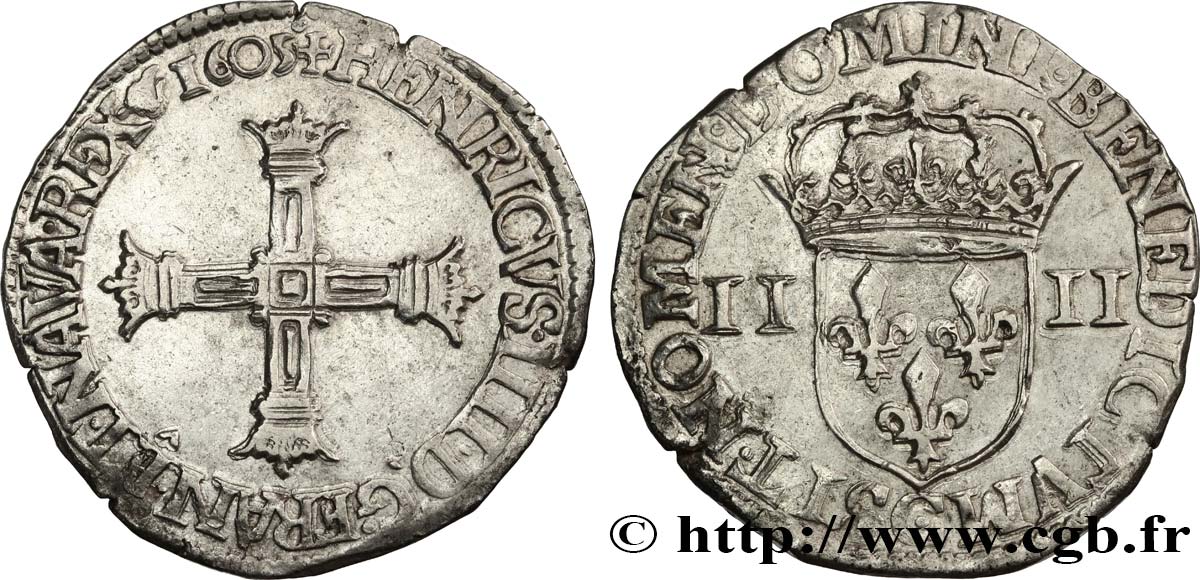 HENRY IV Quart d écu, croix bâtonnée et couronnée de face 1605 Saint-Lô SPL/q.SPL