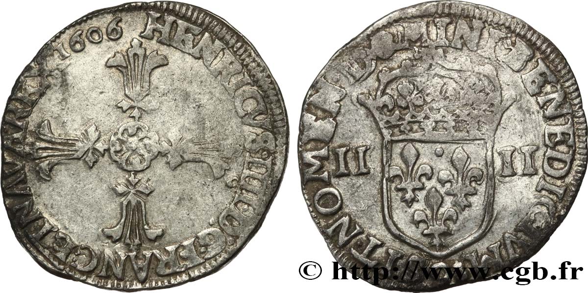 HENRI IV LE GRAND Quart d&nbsp;écu, croix feuillue de face 1606 Rennes TB+