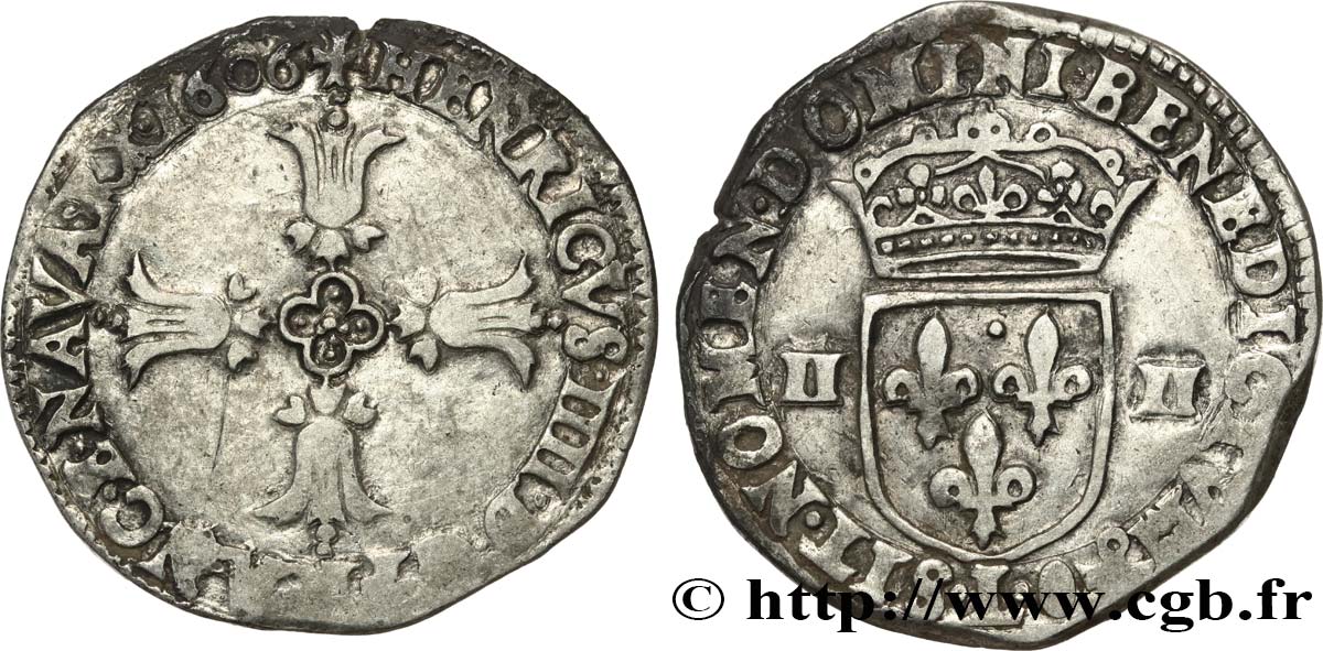HENRI IV LE GRAND Quart d écu, croix feuillue de face 1606 Bayonne TTB