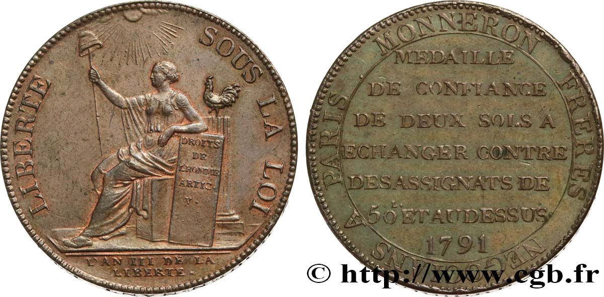 REVOLUTION COINAGE / CONFIANCE (MONNAIES DE…) Monneron de 2 sols à la Liberté 1791 Birmingham, Soho AU