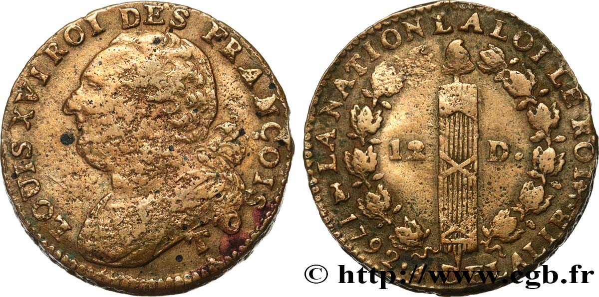 LOUIS XVI 12 deniers dit  au faisceau , type FRANÇOIS 1792 Saumur MB/q.BB