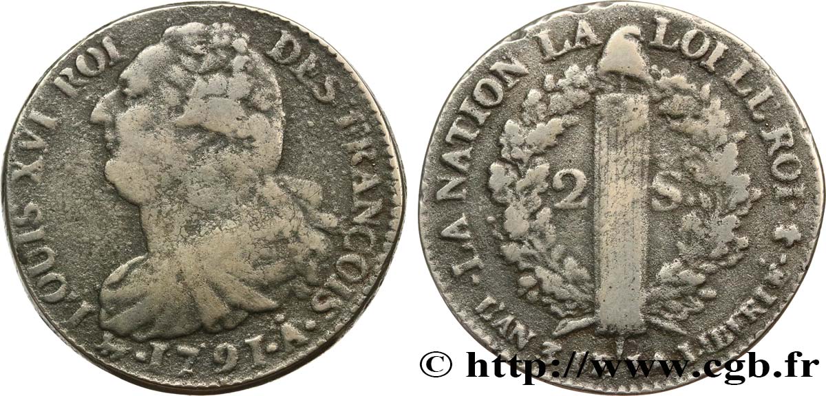 LOUIS XVI 2 sols dit  au faisceau , type FRANÇOIS 1791 Paris VF