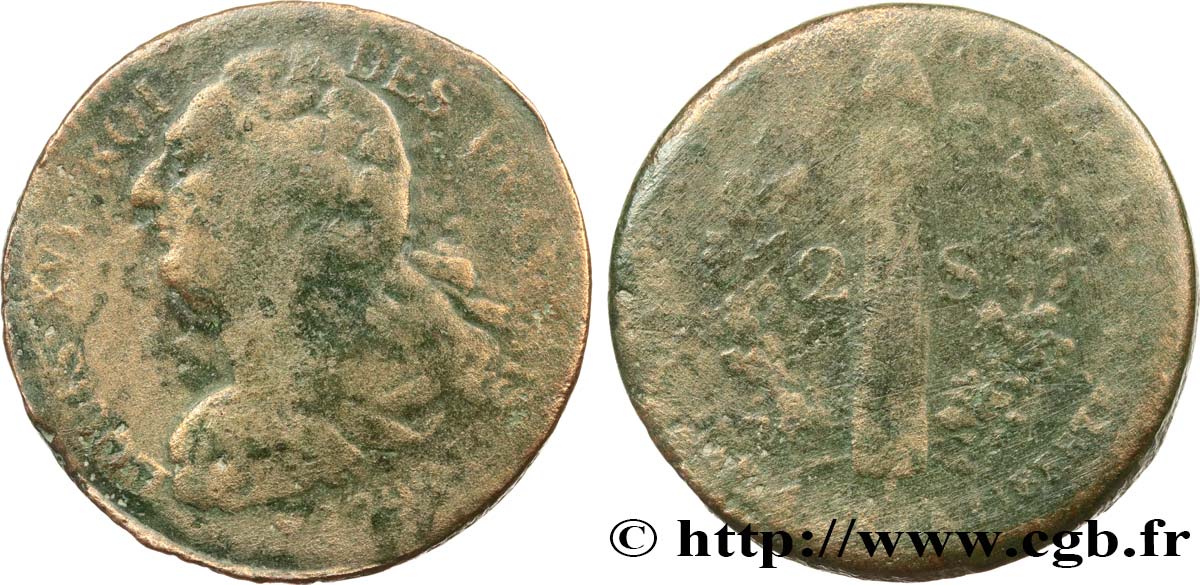 LOUIS XVI (MONARQUE CONSTITUTIONNEL)  2 sols dit  au faisceau , type FRANÇAIS 1792 Strasbourg B+