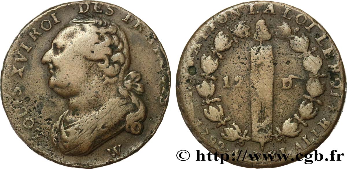 LOUIS XVI 12 deniers dit  au faisceau , type FRANCOIS 1792 Lille VF/VF
