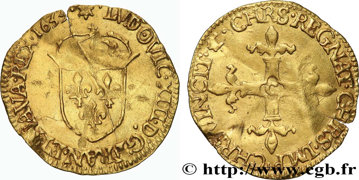 LOUIS XIII  Écu d or au soleil, à la croix bâtonnée et fleuronnée 1633 Saint-Lô BC+