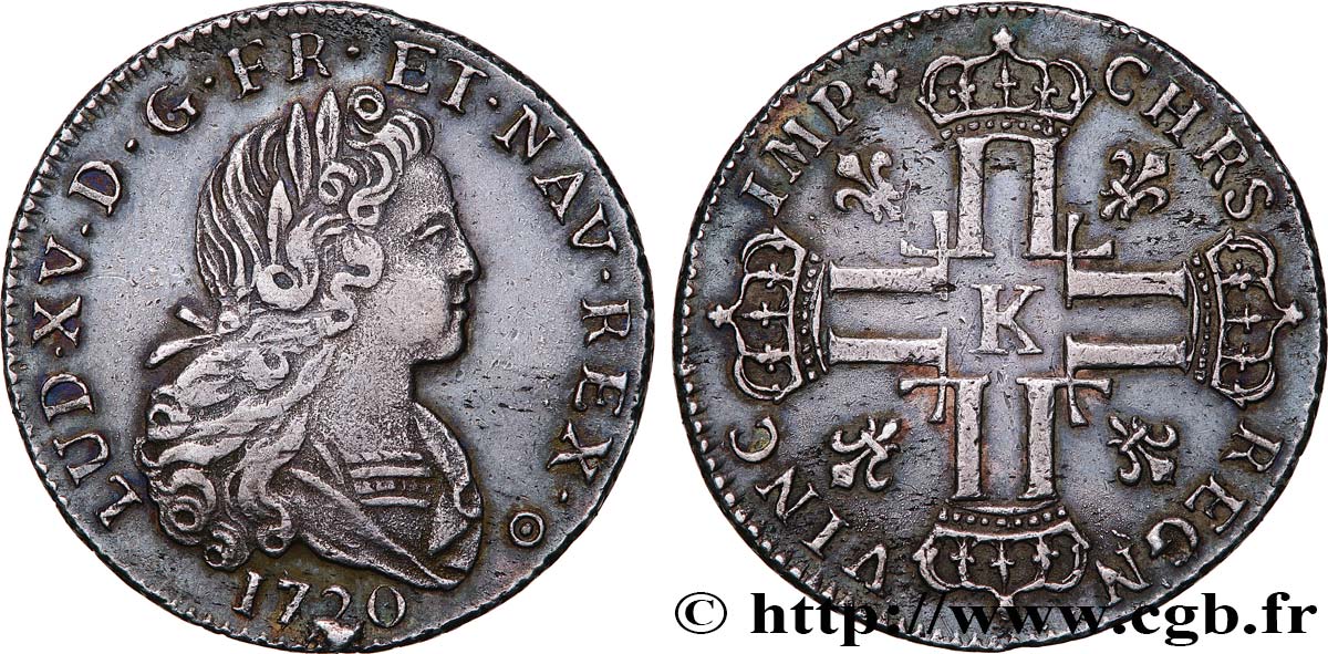 LOUIS XV  THE WELL-BELOVED  Louis d’argent à la croix aux huit L couronnées 1720  Bordeaux EBC