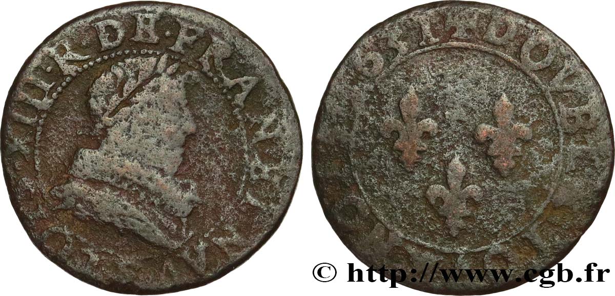 LOUIS XIII  Double tournois, type 1 de Tours 1631 Tours VF