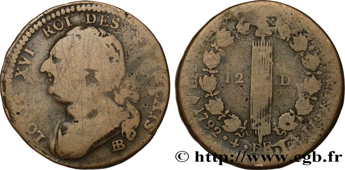 LOUIS XVI (MONARQUE CONSTITUTIONNEL)  12 deniers dit &nbsp;au faisceau&nbsp;, type FRANÇAIS 1792 Strasbourg TB