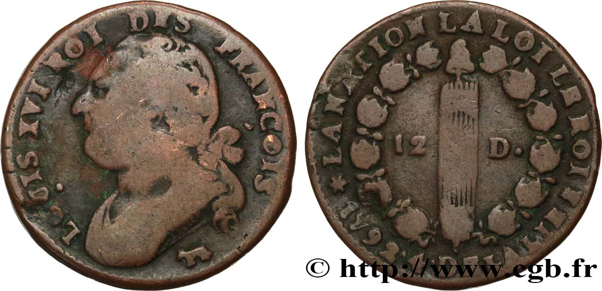LOUIS XVI (MONARQUE CONSTITUTIONNEL)  12 deniers dit &nbsp;au faisceau&nbsp;, type FRANÇOIS 1792 Pau TB