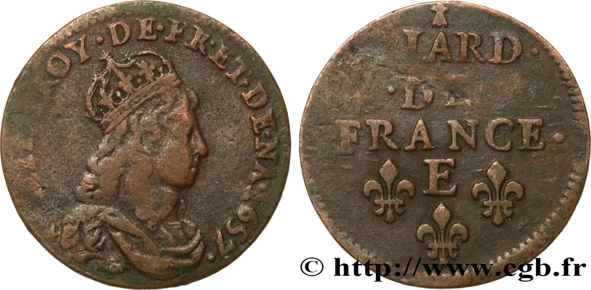 LOUIS XIV LE GRAND OU LE ROI SOLEIL Liard de cuivre, 2e type 1657 Meung-sur-Loire TB+