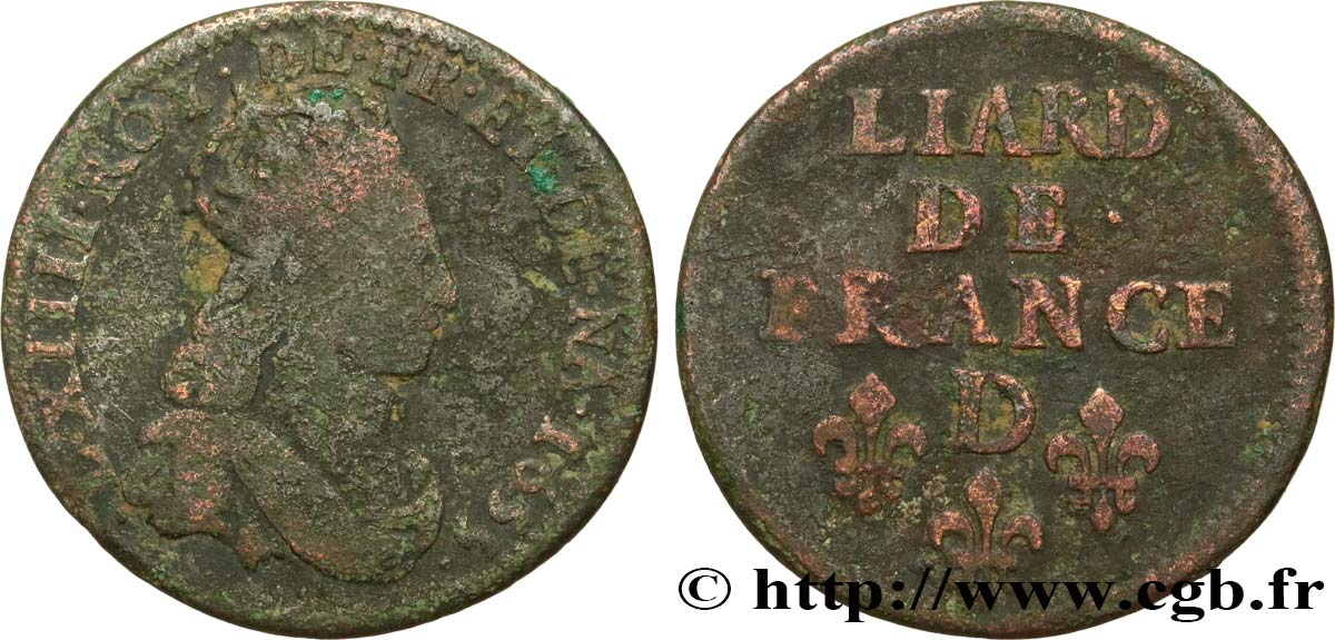LOUIS XIV LE GRAND OU LE ROI SOLEIL Liard de cuivre, 2e type 1655 Vimy-en-Lyonnais (actuellement Neuville-sur-Saône) B+/TB