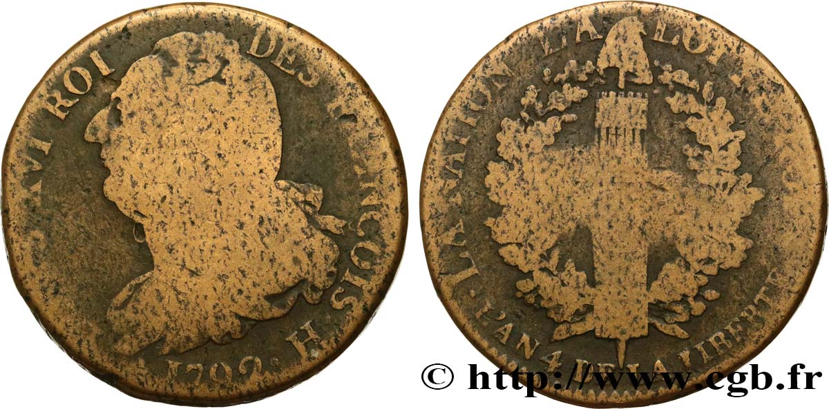 LOUIS XVI (MONARQUE CONSTITUTIONNEL)  2 sols dit &nbsp;au faisceau&nbsp;, type FRANÇOIS 1792 La Rochelle B+