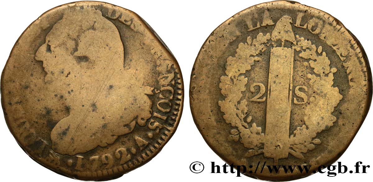 LOUIS XVI (MONARQUE CONSTITUTIONNEL)  2 sols dit  au faisceau , type FRANÇOIS 1792 Paris B