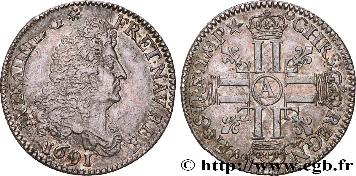 LOUIS XIV  THE SUN KING  Quart d écu aux huit L, 1er type 1691 Paris EBC